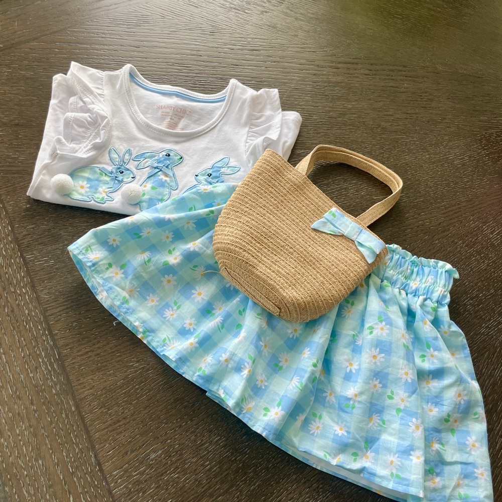 Blue Floral Skirt and Bunny Top with Straw Bag